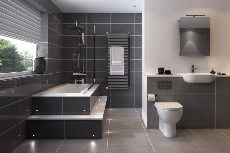 Badrum i grått dekorera moderna badrumsplattor väggspegel badkar design idéer