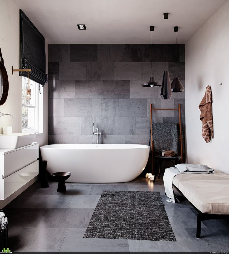 Badrum i grå golvplattor matta hem tillbehör moderna
