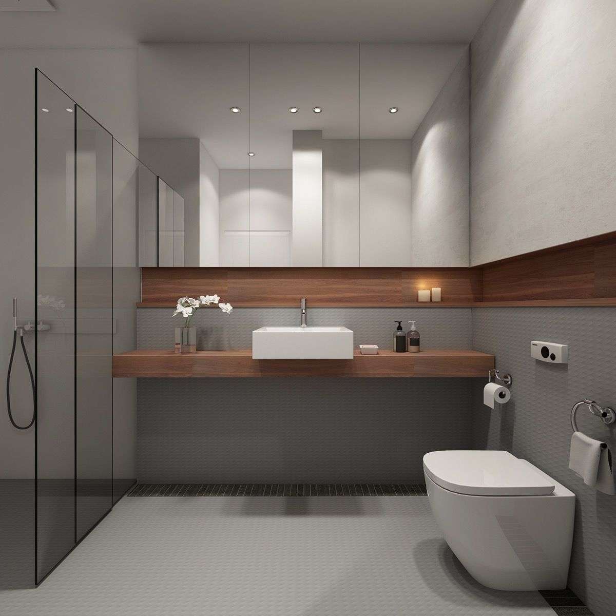 Badrum i grå moderna träpanel spegelskåp duschkabin designidéer