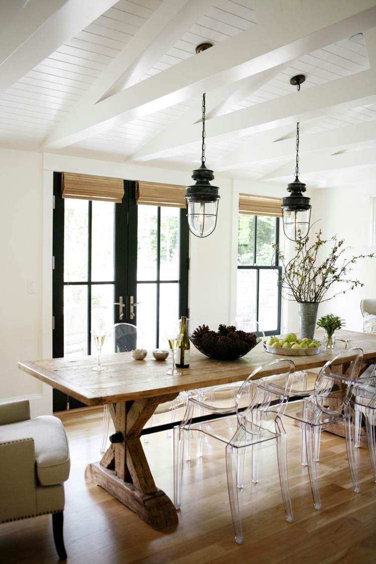 lantlig stil modern vit matsal möbler idéer glas stol träbord