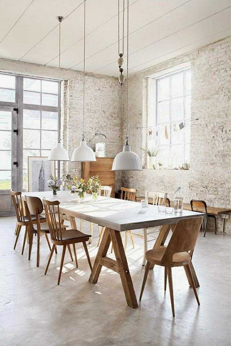 Landstil matsal inrättade moderna lägenhetsidéer träbord