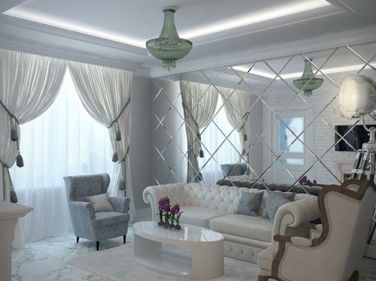 Vardagsrum med spegelplattor designidéer vit soffa soffbord inrättad modern lägenhet