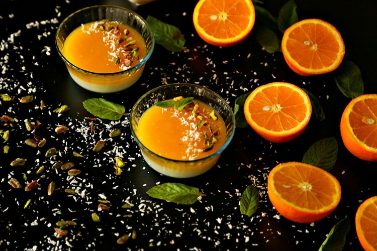 Förbered en fruktig apelsinkräm med blancmange som efterrätt