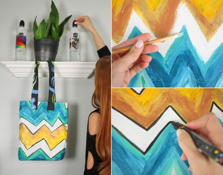 Måla ett sicksackmönster med akrylfärger och tuschpennor