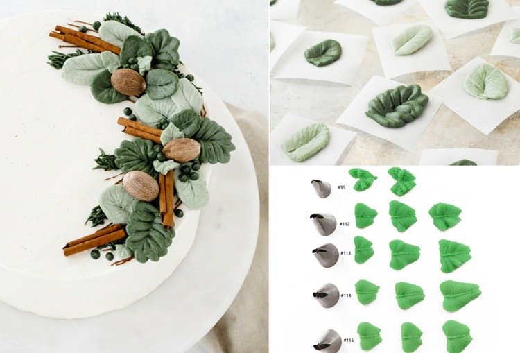 Dekorera kakor med blad med rörpåsar - idéer med och utan bladmunstycke