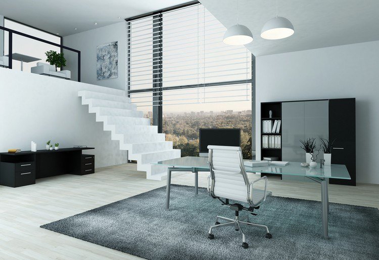 Framtidens kontor, stol-glas-topp-svängbar stol-vit-läderklädsel