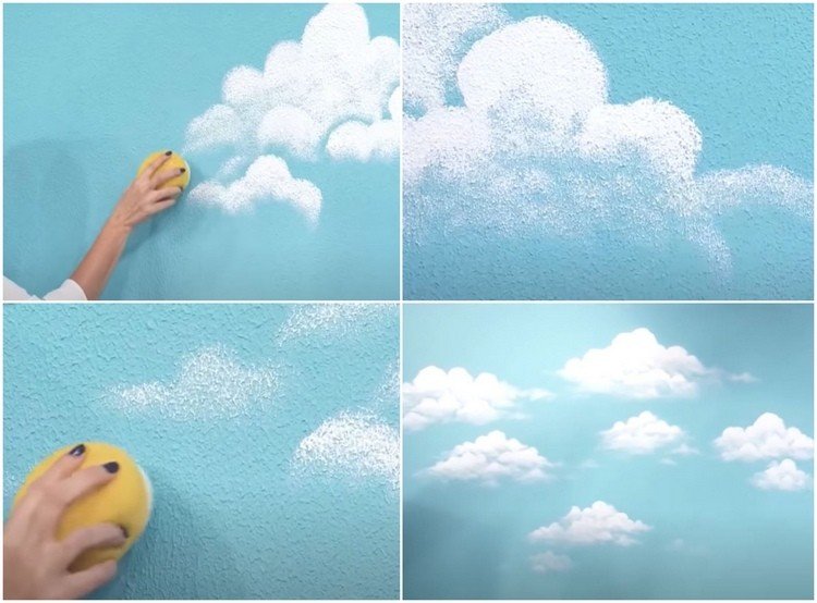 Måla moln på väggen med en svamp