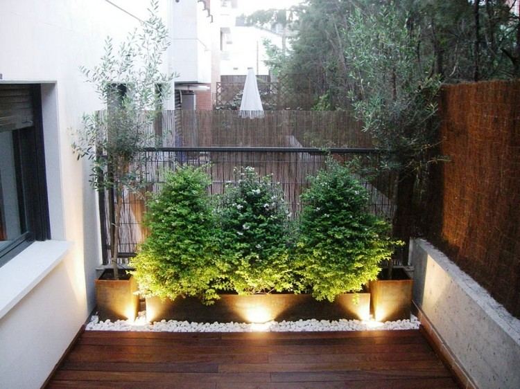 Sekretessskärm för balkongbambummattor-trä-olivträd-vita-grus-golvlampor