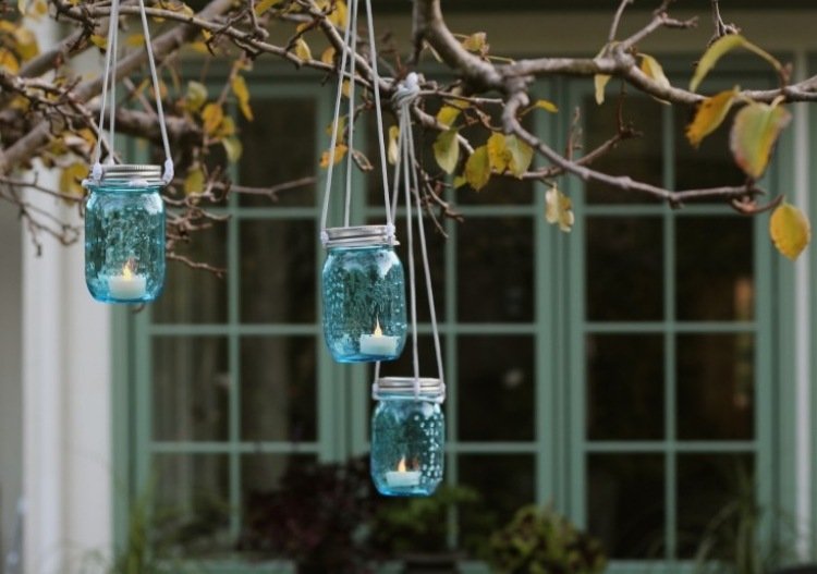 Lyktor-trädgård-fest-blå-glas-träd-hängande