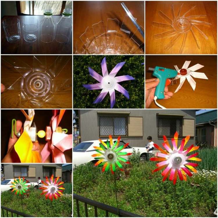 Pinwheel-tinkering-idéer-plast-pet-flaskor-DIY-balkong-trädgård-dekoration-varmt lim