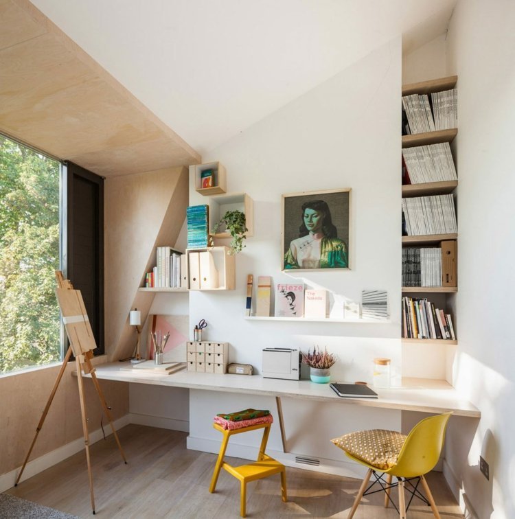 vinterträdgård-levande-studie-idé-skrivbord-vägg nisch-hylla-gula-stolar