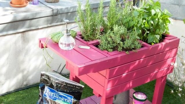 Örter hårda idéer trädgårdsvagn trä rosa färg