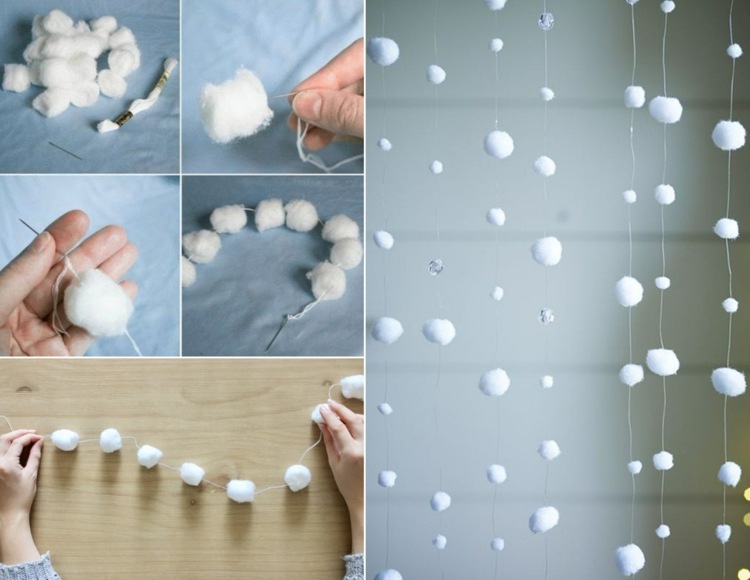 Garland som fönsterdekoration i januari med bomullstussar som imiterar snöflingor