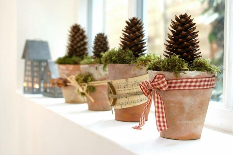 Slöjdidéer för juldekoration - design blomkrukor med mossa och kottar