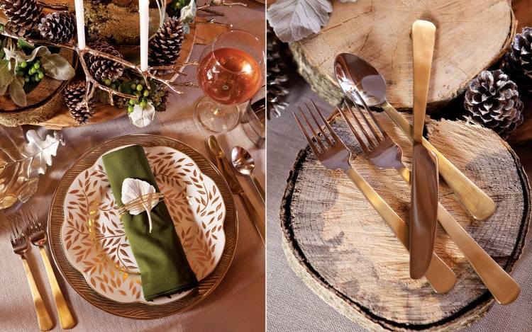 vinter-bord-dekoration-idéer-jul-advent-trä-skivor-vita-kottar-blad-bestick
