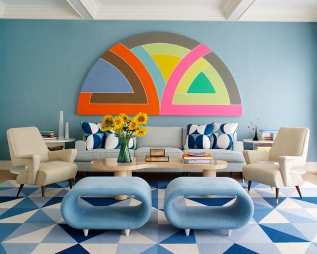 Väggdesign blå vardagsrum uppsättning mönstrad kakel design