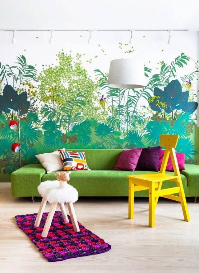 Väggfärger väggdekaler-djungelmotiv gulgröna nyanser-dörrmatta-lila