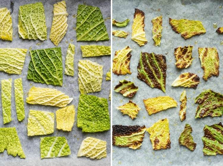 Grädda savojkålspån i ugnen för friska och kalorifria chips
