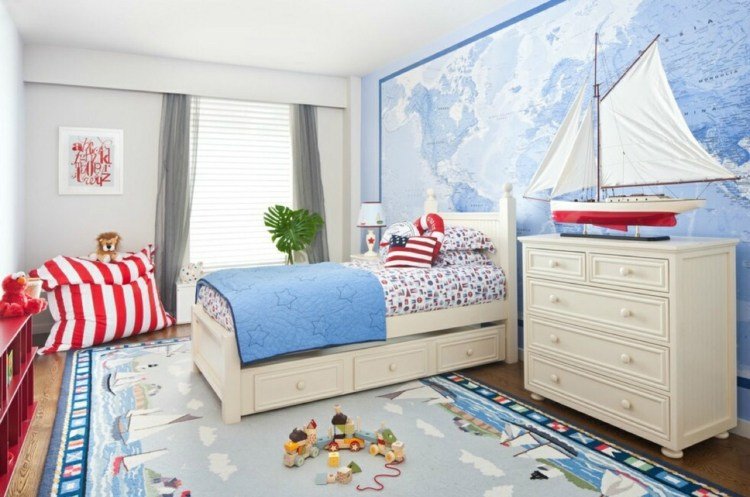 Barnrumsfärg pojkar-ljusgrå-blå-världskarta-nautisk-matta