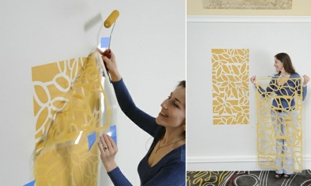 Väggfärg gul vit applicera väggstencil pensel