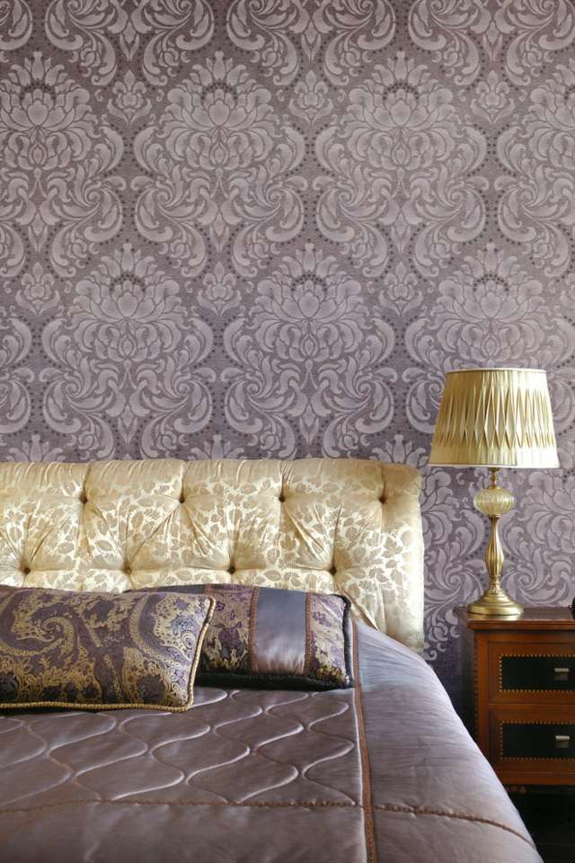 Vägg stencil klassisk design ornament mönster idéer lila grå metallic färg
