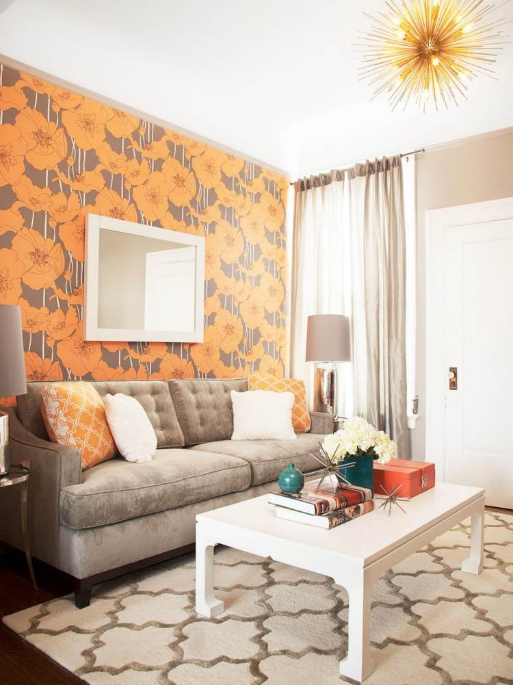 vägg-tapeter-vardagsrum-idé-orange-taupe-grädde-färger