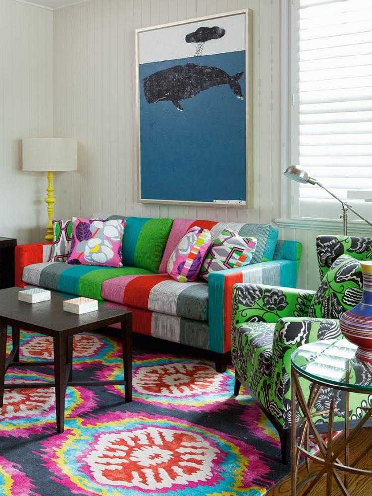 hippie-chic-living-eklektisk-vardagsrum-soffa-klädsel-ränder-färgglada-bild-val