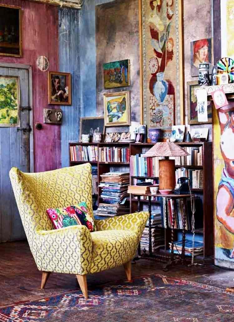 hippie-chic-living-fåtölj-klädsel-mönster-gul-wing-fåtölj-bilder-konstnärlig