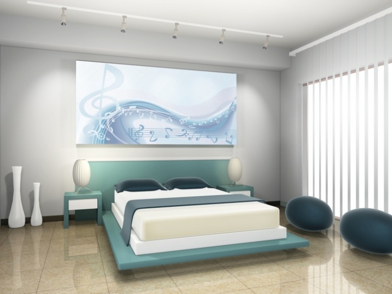 levande-blå-vit-modern-sovrum-enkel-minimalistisk-design-säng-bild-vägg-dekoration-sängbord
