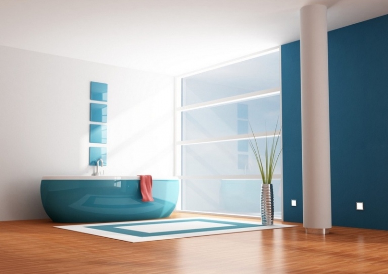 levande-blå-vit-modern-enkel-minimalistisk-trägolv-turkos-badkar-fönsterbeslag