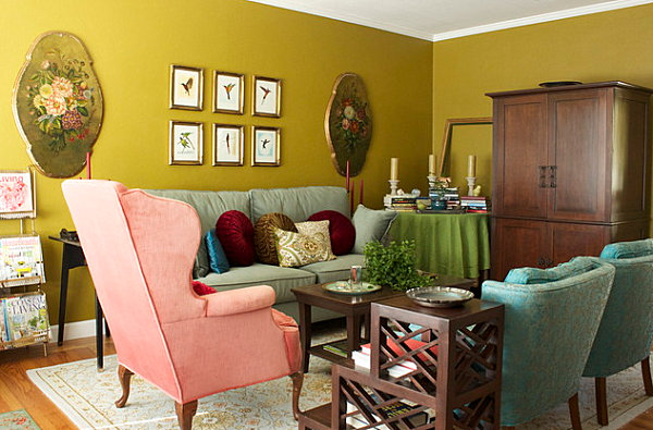 Bor med färger grön gul vintage vardagsrumsdesign