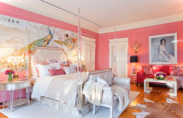 Levande idéer för färgen rosa-vägg-sovrum-klassisk-modern
