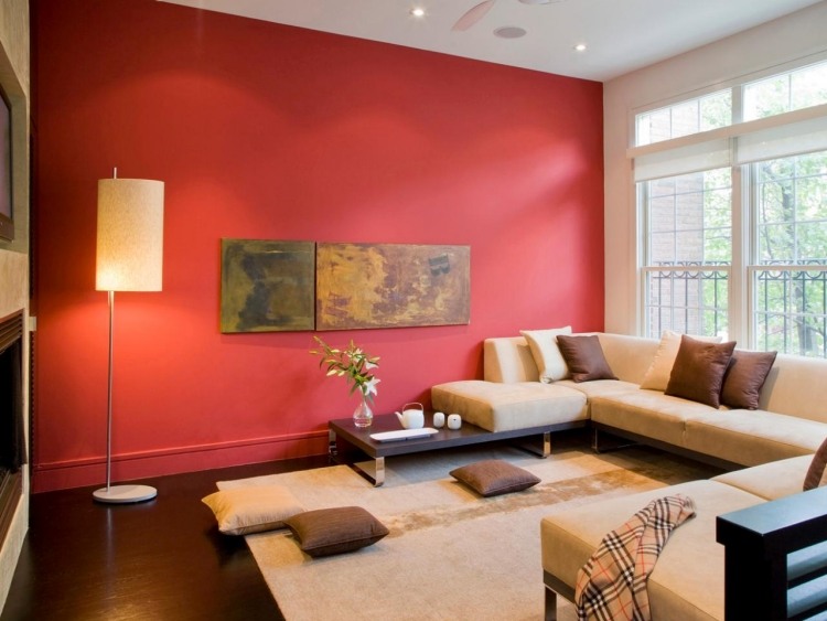 Levande idéer för färgen-vardagsrum-vägg-färg-bär-röd-grädde-brun-möbler