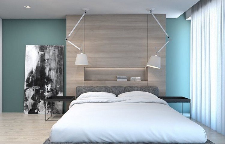 Levande idéer för färgdesign sovrum-salvia-grönt-ljus-trä-grå-stoppad säng