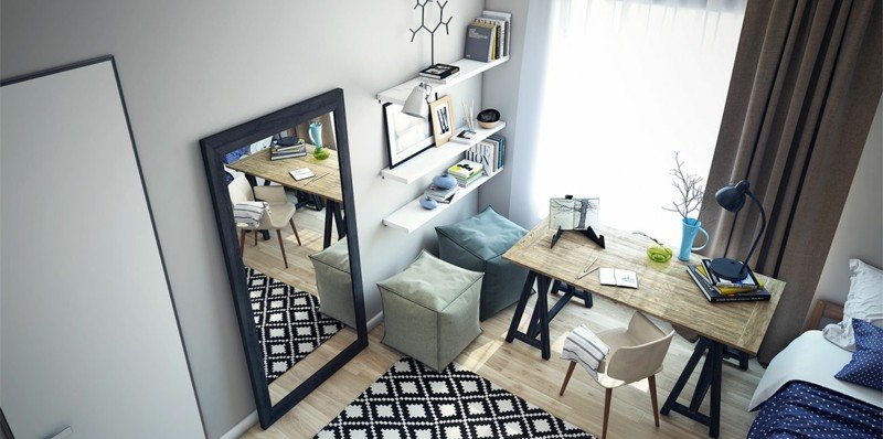 levande idéer för små rum en-rumslägenhet säng matbord pall spegel