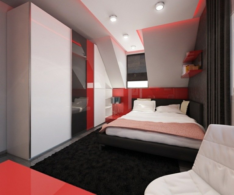 levande idéer små rum röd svart vit högglans matta säng sluttande tak