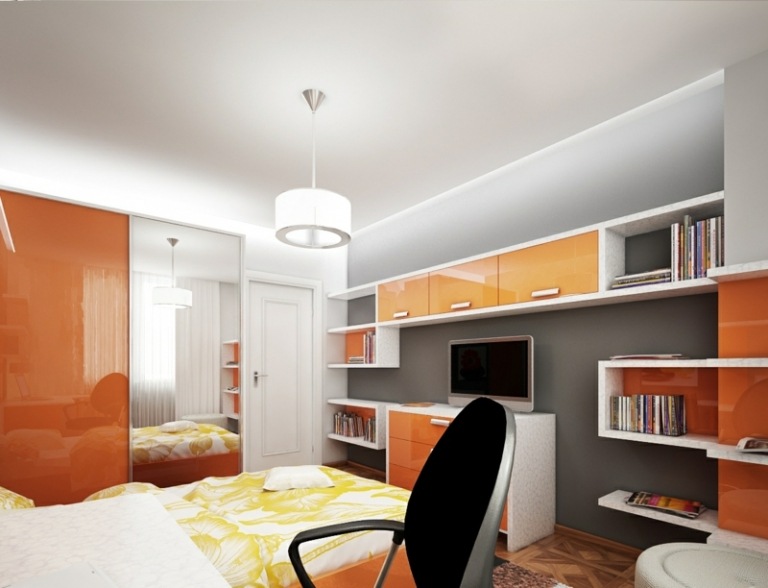 levande idéer små rum orange högglans modern vägg enhet sovrum