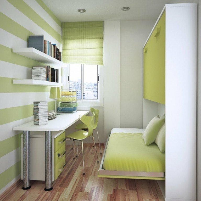 levande idéer små rum hopfällbar säng ungdomsrum interiör vita gröna ränder