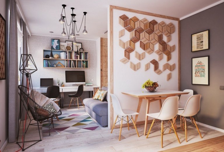 levande idéer för små rum vardagsrum skiljevägg matsal trä deco geometriska