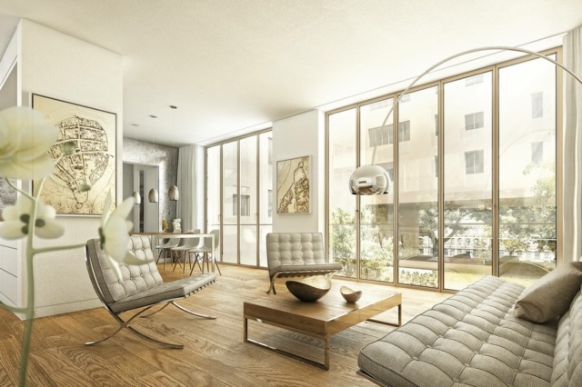 Lägenhetsgolv soffbord lädermöbler tvåsitsig golvlampa i metall
