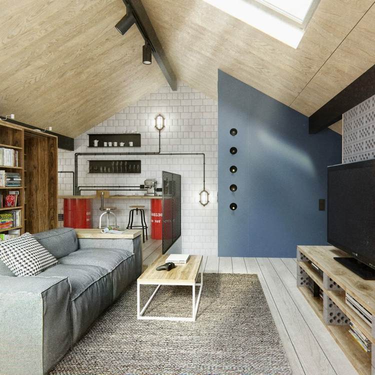 sluttande tak design idé stil modernt vardagsrum soffa grå