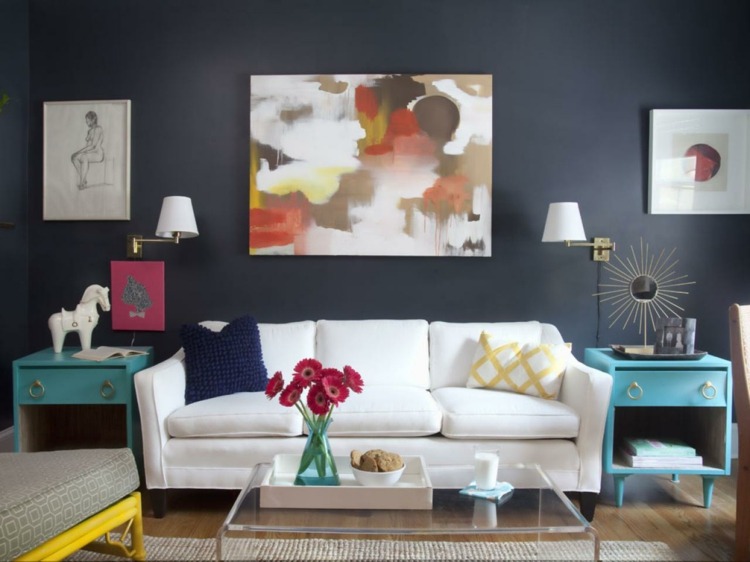 levande idéer för att måla svart idé modern väggmålning vit soffa sidobord blå