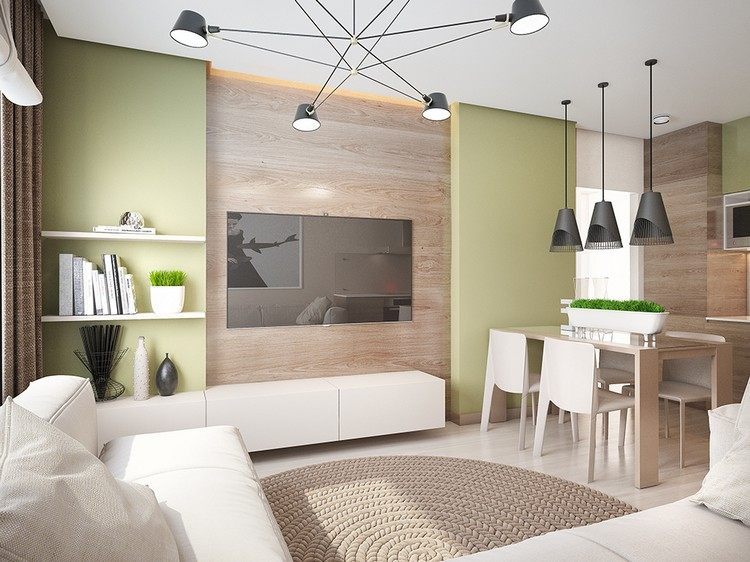 Levande trender 2016 vardagsrum-trä-vägg-ljus-grön-vägg-färg-vit-möbler-svart-lampor