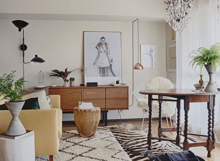Vintage modern blandning av stilar i vardagsrummet