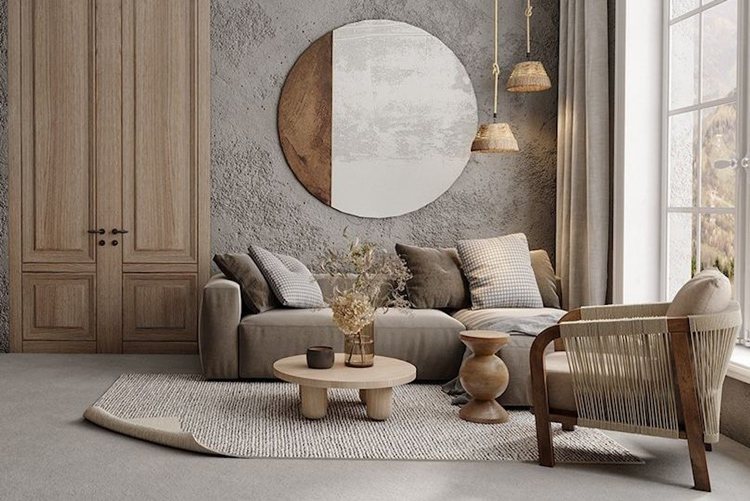 Wabi Sabi levande trend 2021 i vardagsrummet i beige-grå
