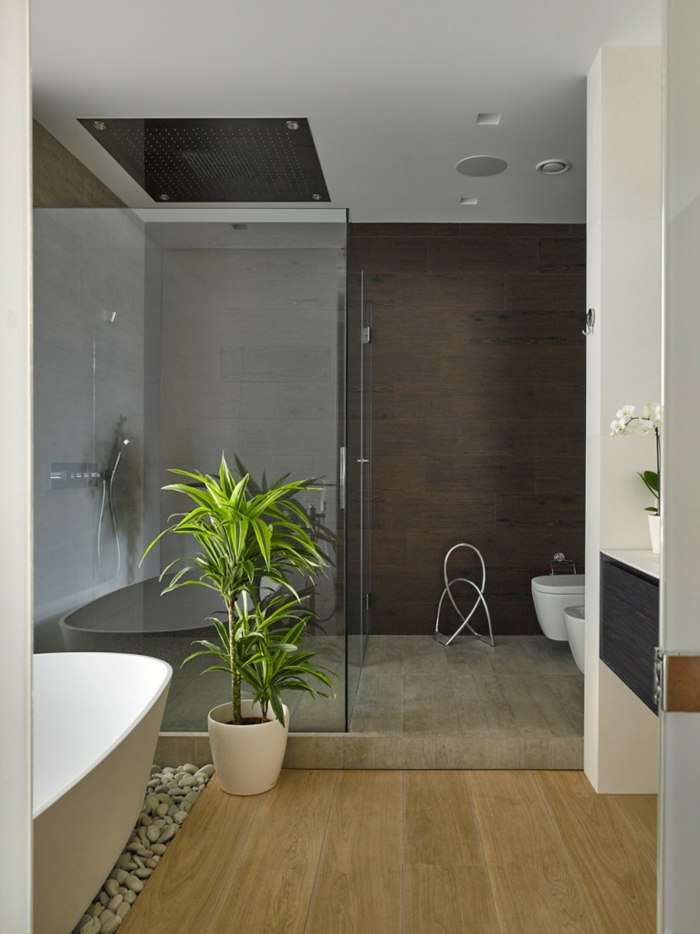 lägenhet design zen badrum växt parkett sten kakel