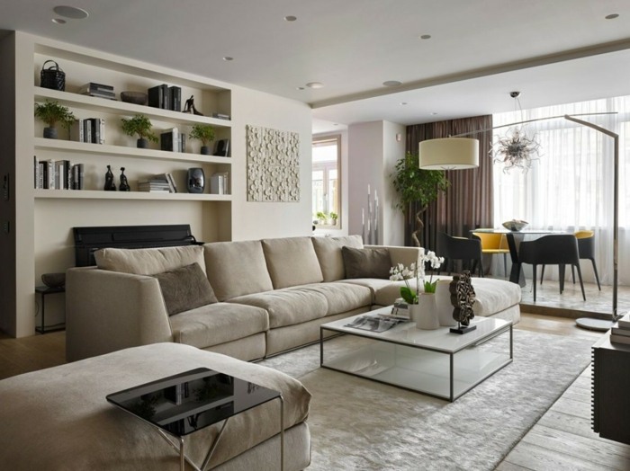 design vardagsrum modern atmosfär mysig soffa beige matta