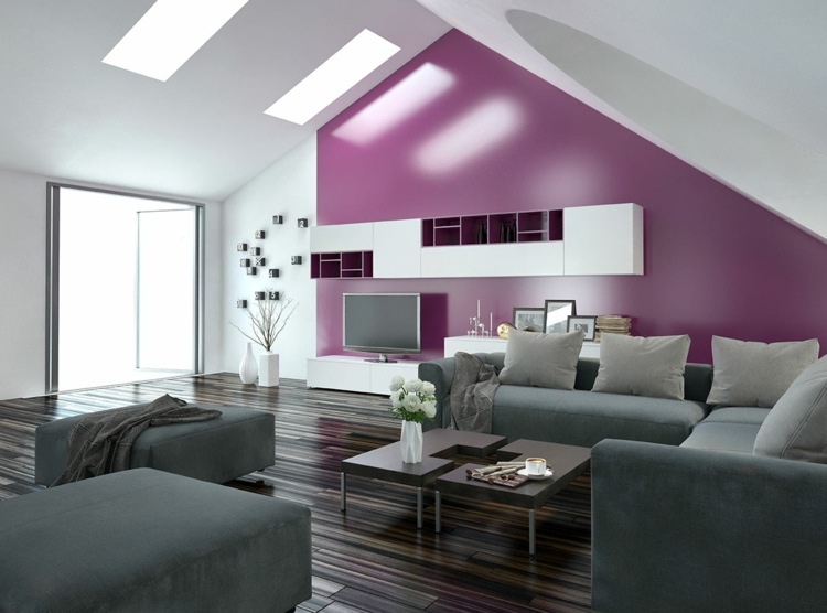 Inred lägenheten modernt-vardagsrum-rosa-accent vägg-parkett-mörkt