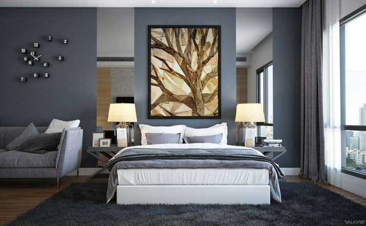 färgidéer platt sovrum modern grå inredning vit säng väggmålning accent