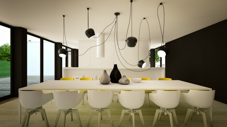 färgidéer platt minimalistiska vita möbler svart vägg matsal
